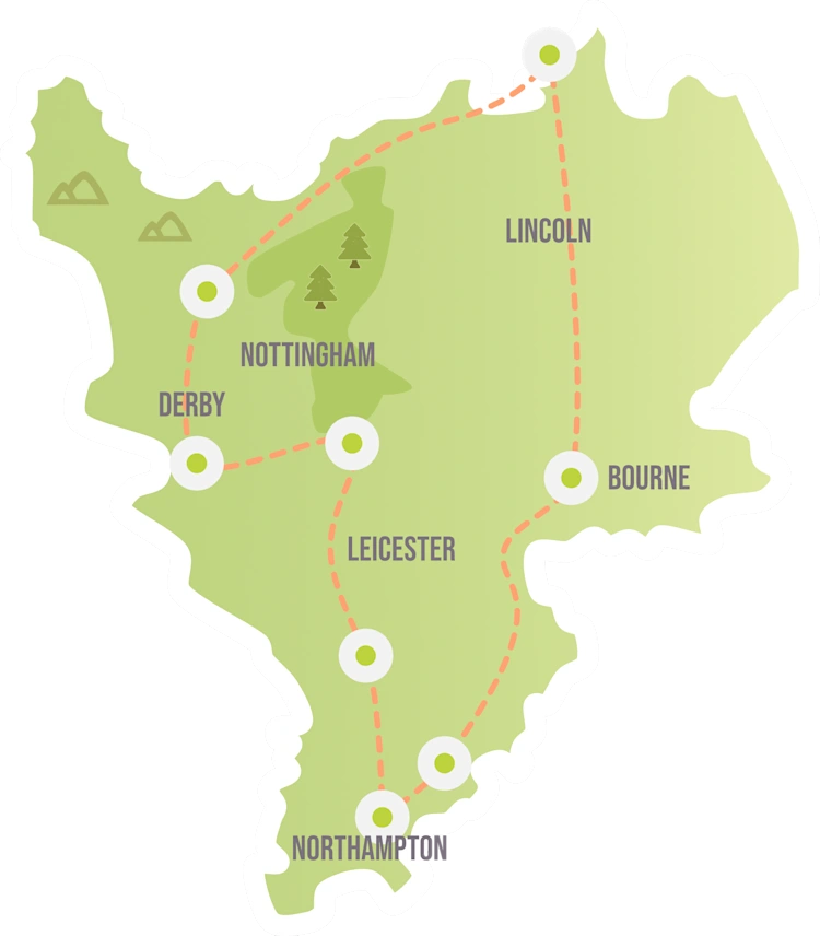 Map of the East Midlands Wine Trail Map showing the route for the wine trail
